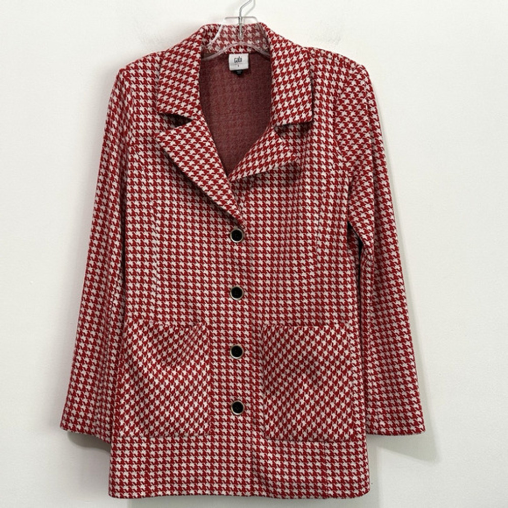 Cabi Houndstooth Blazer S Red 4249 Washable Knit 4 Button‎ Trendy Soft Work